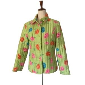Vintage Silkland 100% Silk Floral Jacket L Green Pink Quilted Art to Wear